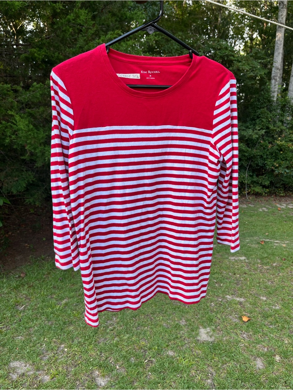 Kim Rogers Red & White Striped Long Sleeve Knit Top with Solid Yoke
